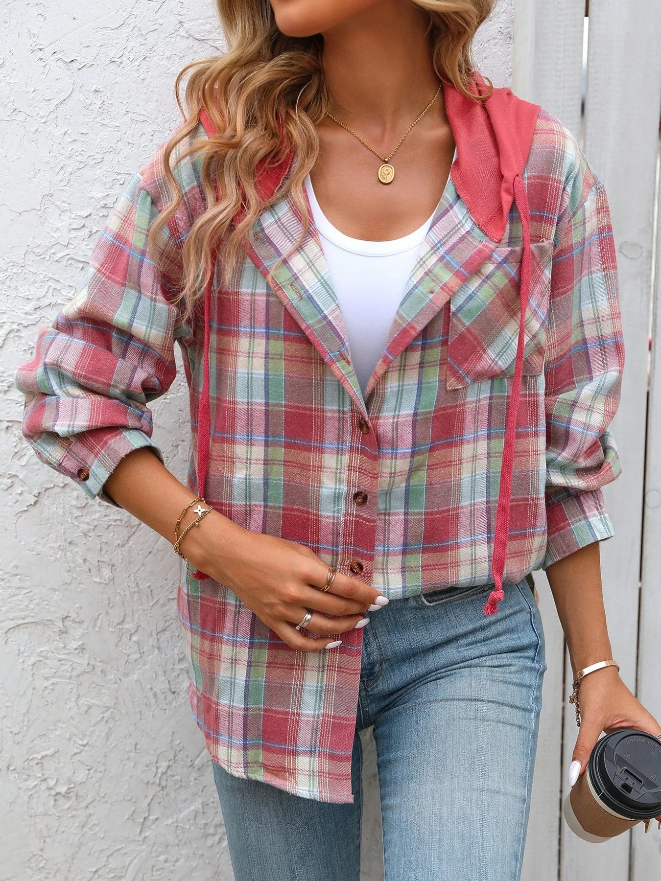 Trendsi Plaid Button-Up Hooded Shirt Red