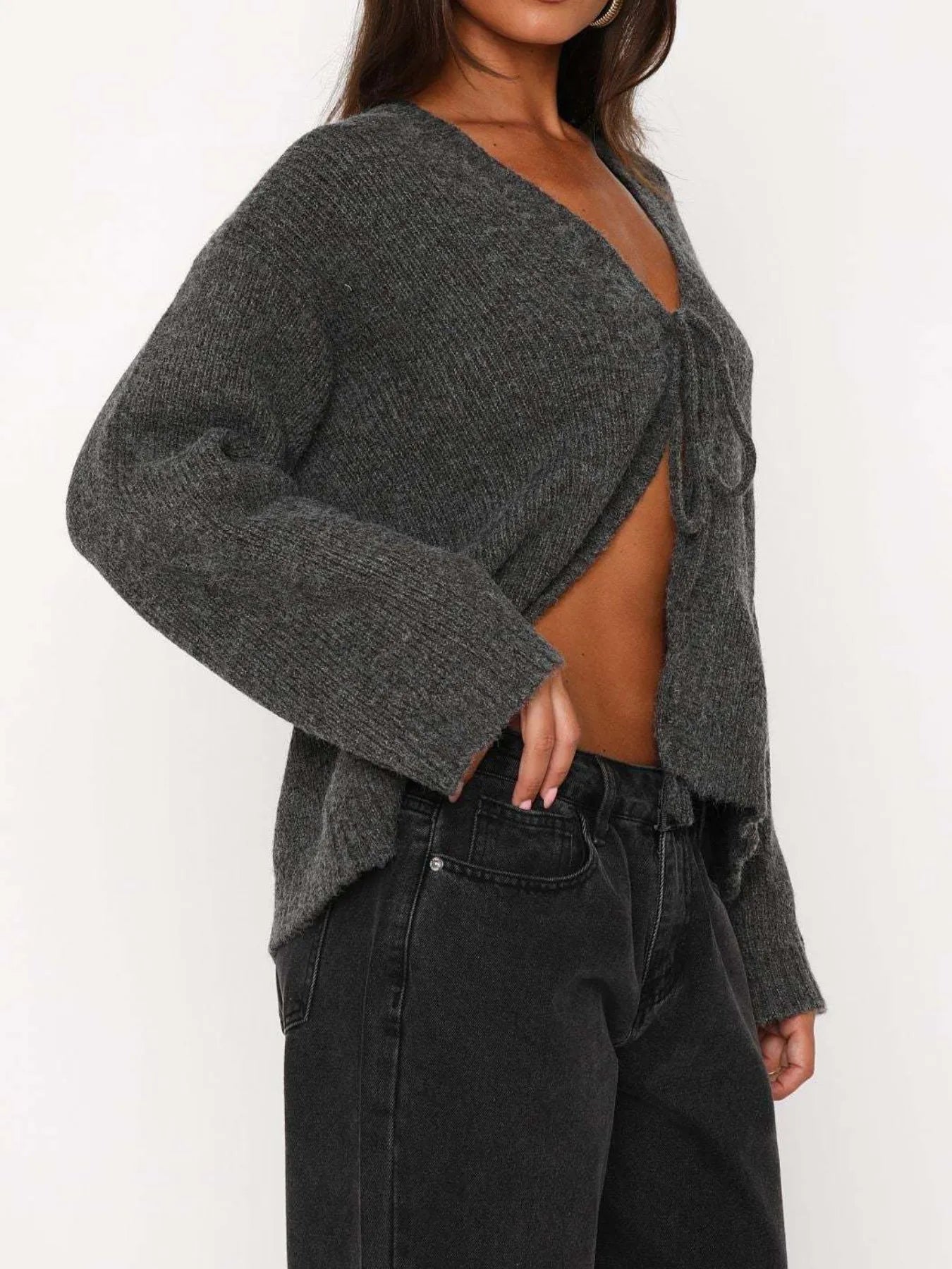 Open Front Tied Sweater Cardigan Easy Apparels