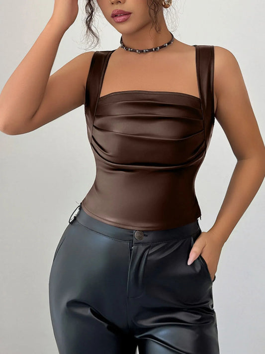 Trendsi Leather-Look Ruched Tank Coffee Brown