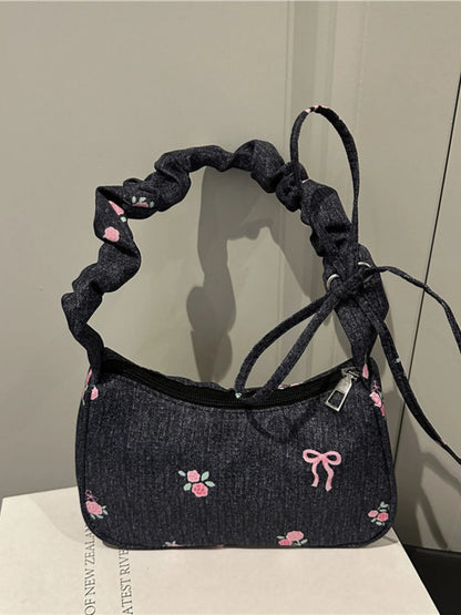 Embroidered Ruched Strap Shoulder Bag Easy Apparels
