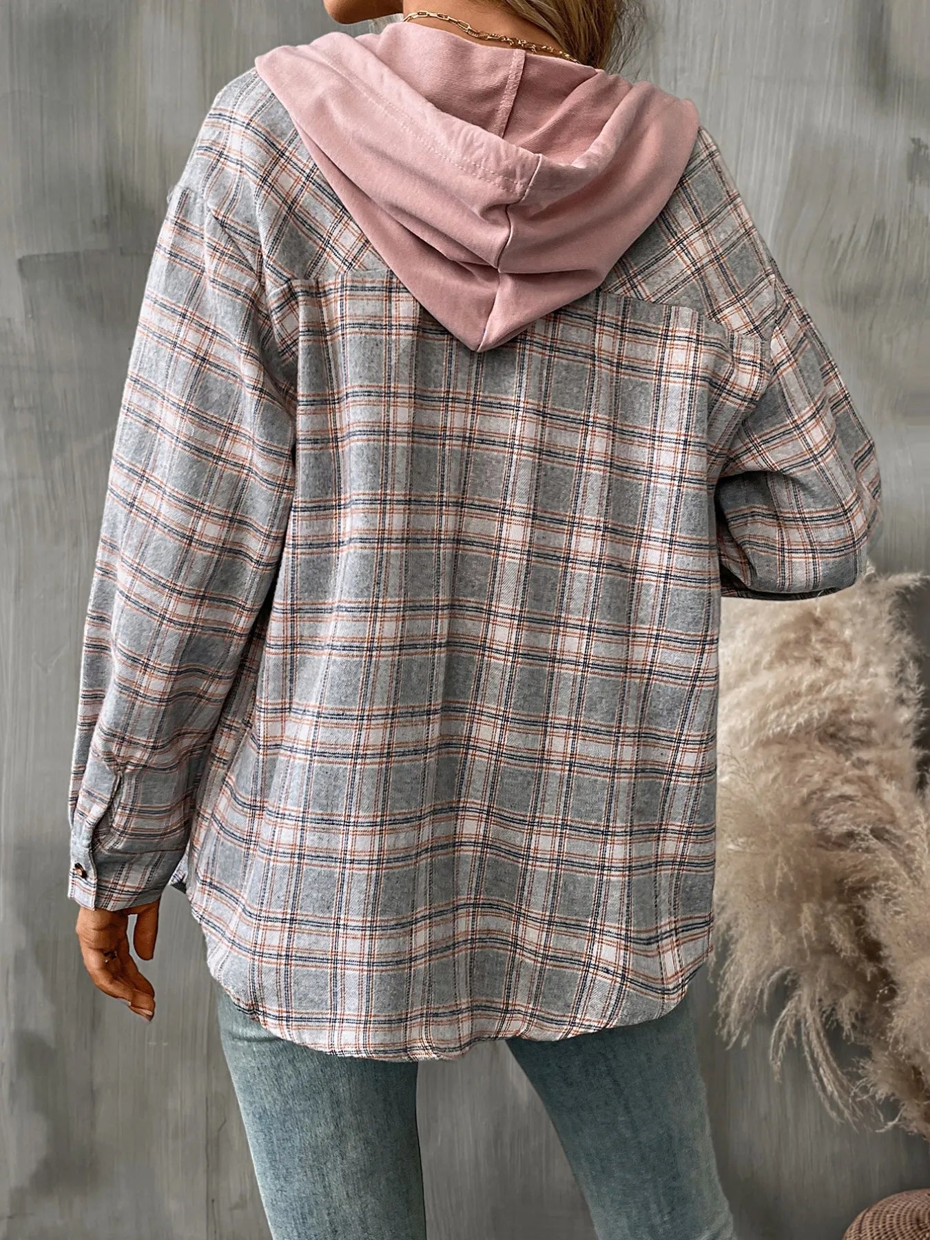 Trendsi Plaid Button-Up Hooded Shirt