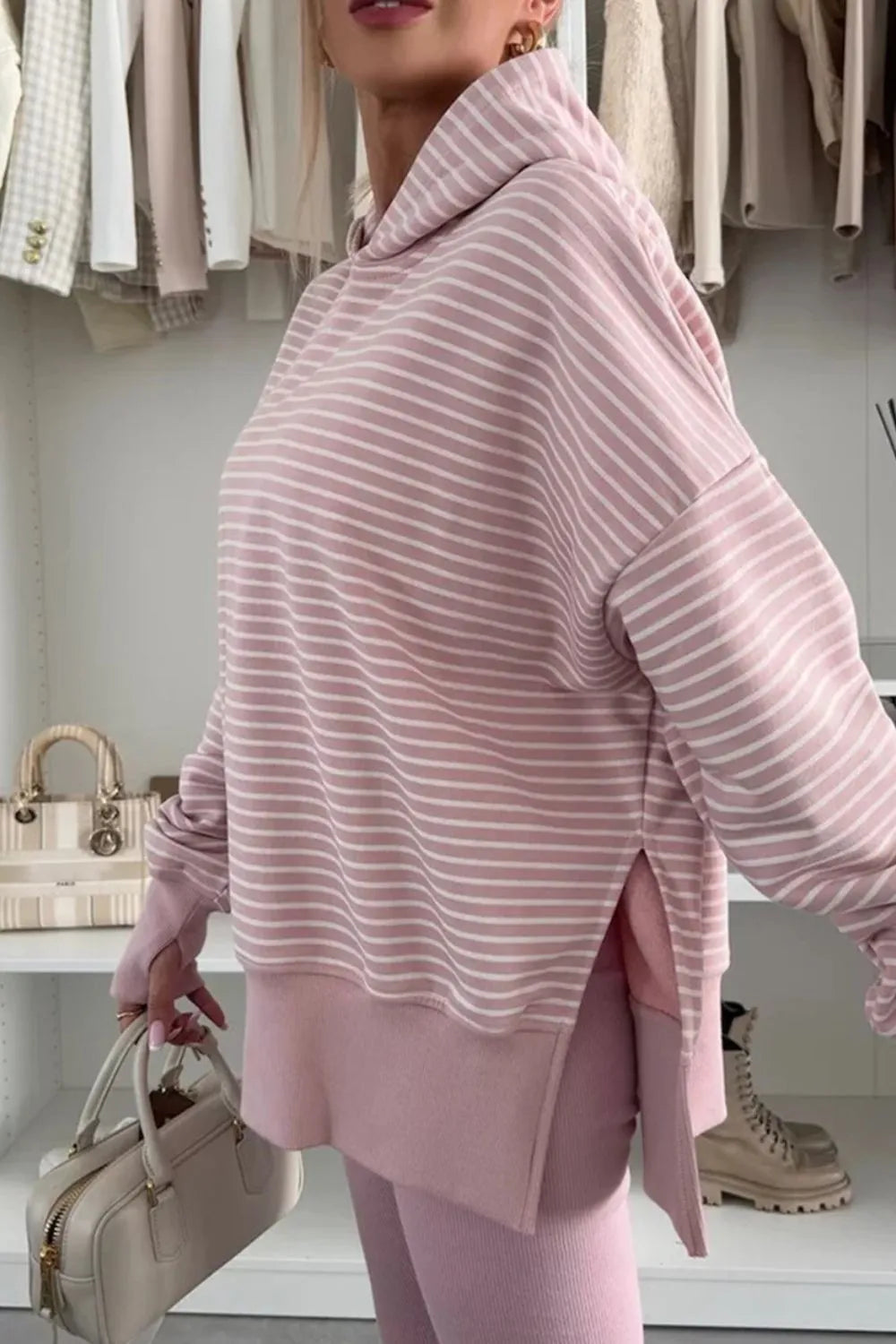 Trendsi Side Slit Striped Oversized Hoodie