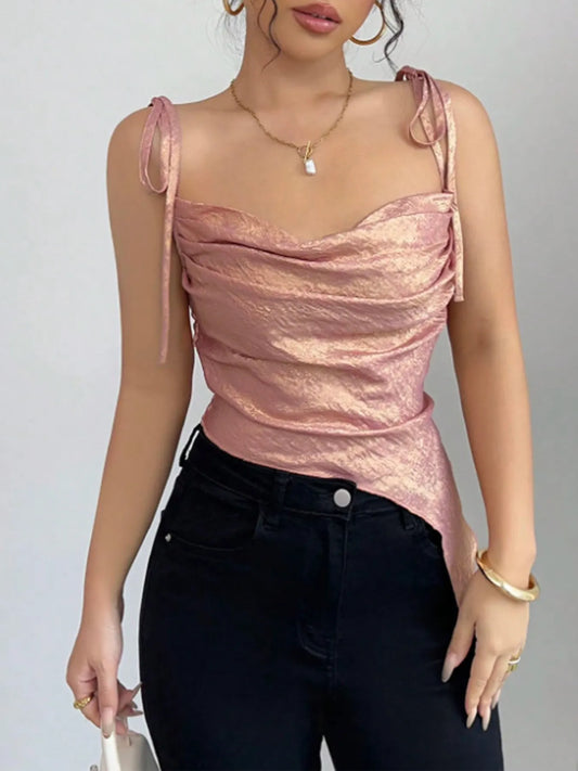 Trendsi Tie Shoulder Cami Top with Ruched Detail Dusty Pink