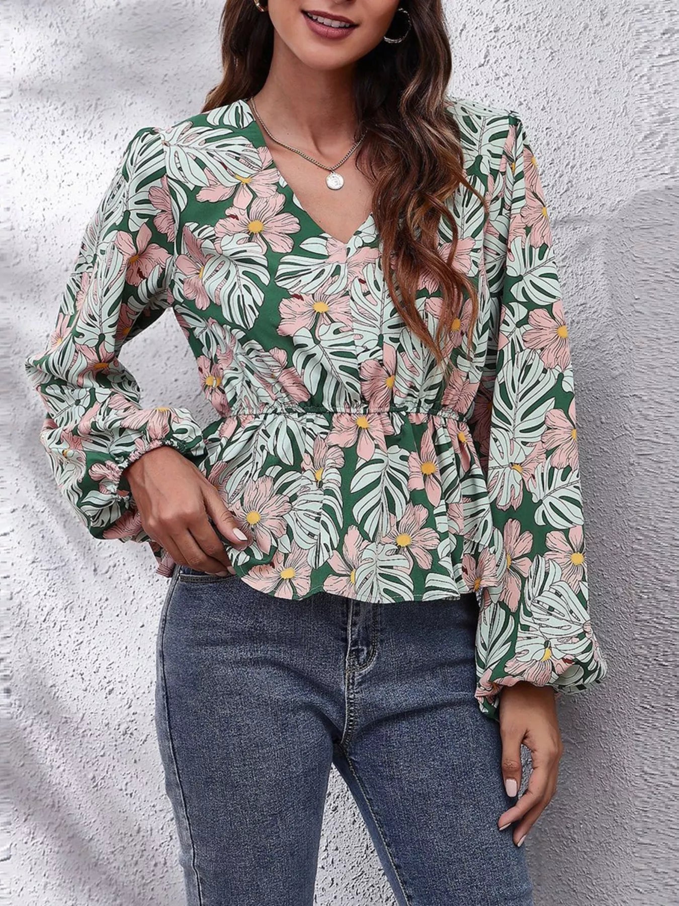 Trendsi Floral V-Neck Balloon Sleeve Blouse Floral
