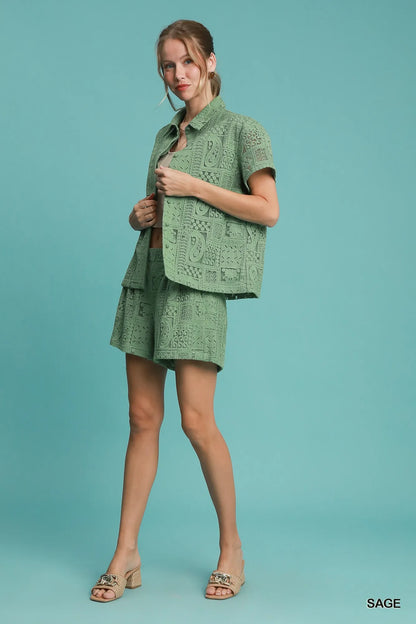 Trendsi Umgee Patch Lace Short Sleeve Button Down Shirt