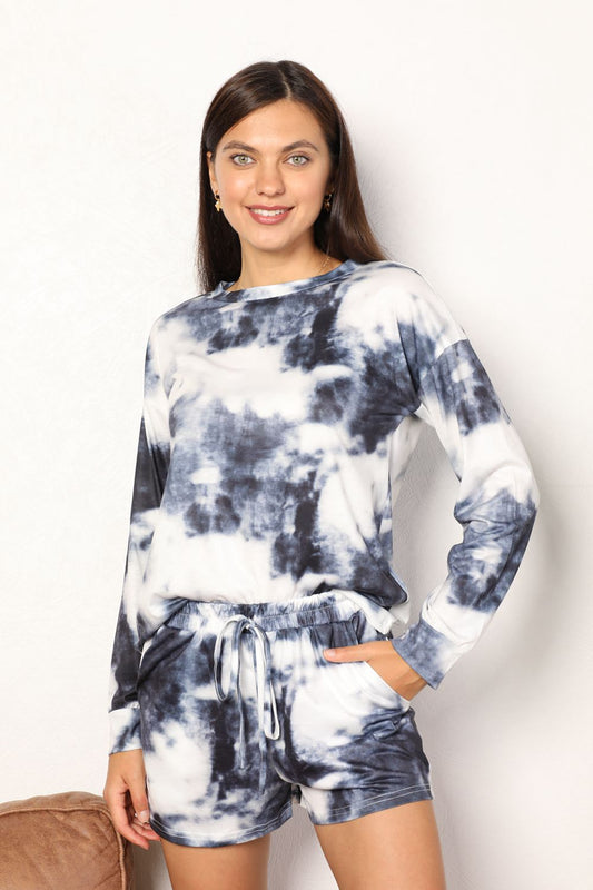 Shiny Tie-Dye Round Neck Top and Shorts Lounge Set Dark Gray Easy Apparels