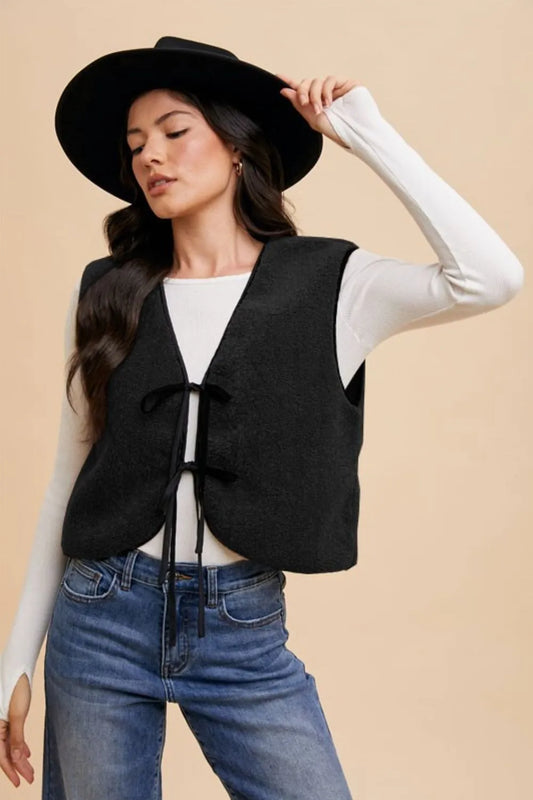 Annie Wear V-Neck Tie Detail Vest Coat Black Easy Apparels