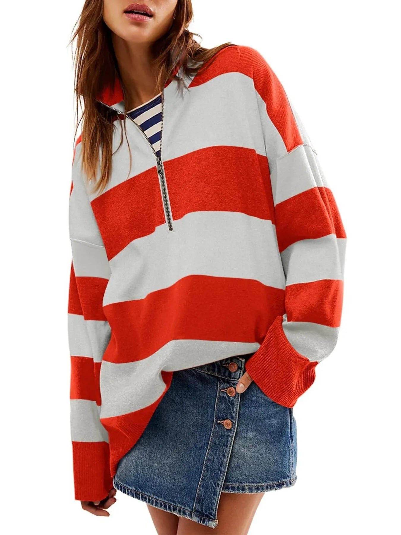 Trendsi Striped Half-Zip Oversized Sweatshirt