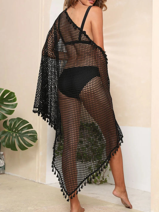 Tassel Openwork Open Front Cover-Up Black One Size Easy Apparels