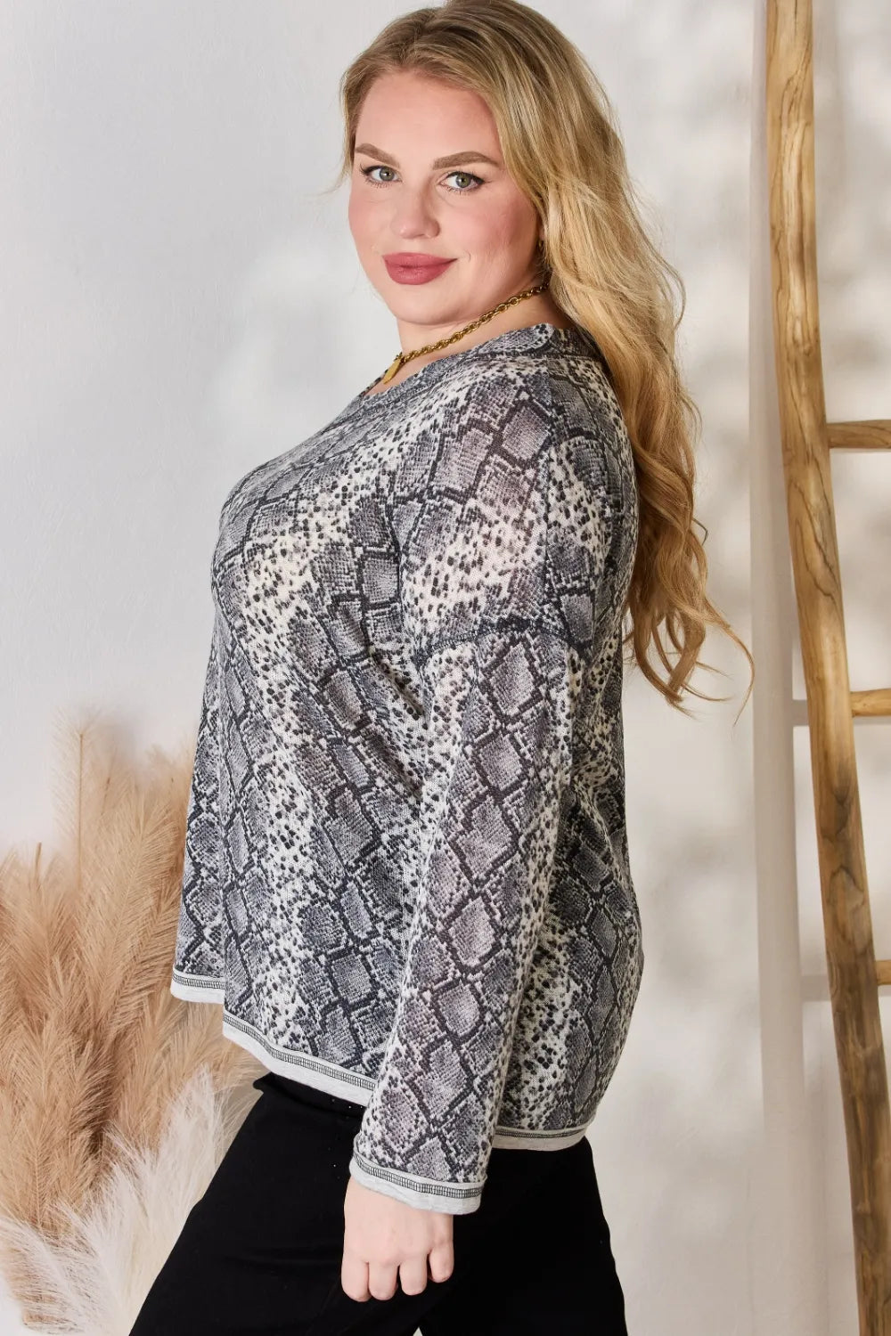 Trendsi Hailey & Co Full Size Snakeskin V-Neck Long Sleeve Top