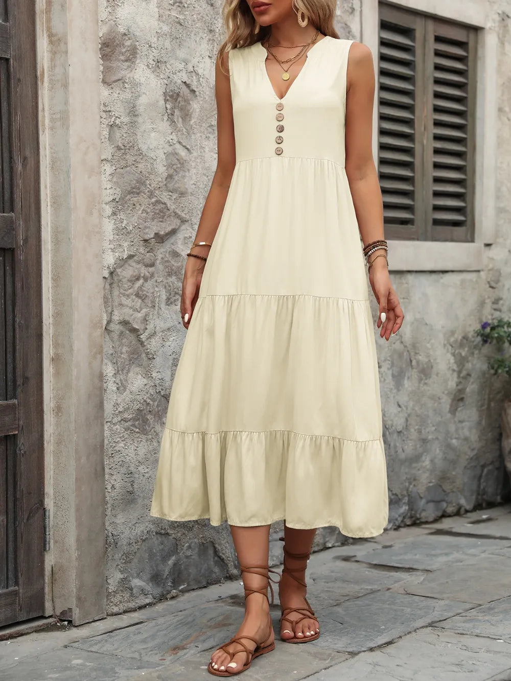 Ivy Lane Decorative Button Notched Sleeveless Dress Easy Apparels