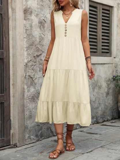 Ivy Lane Decorative Button Notched Sleeveless Dress Easy Apparels