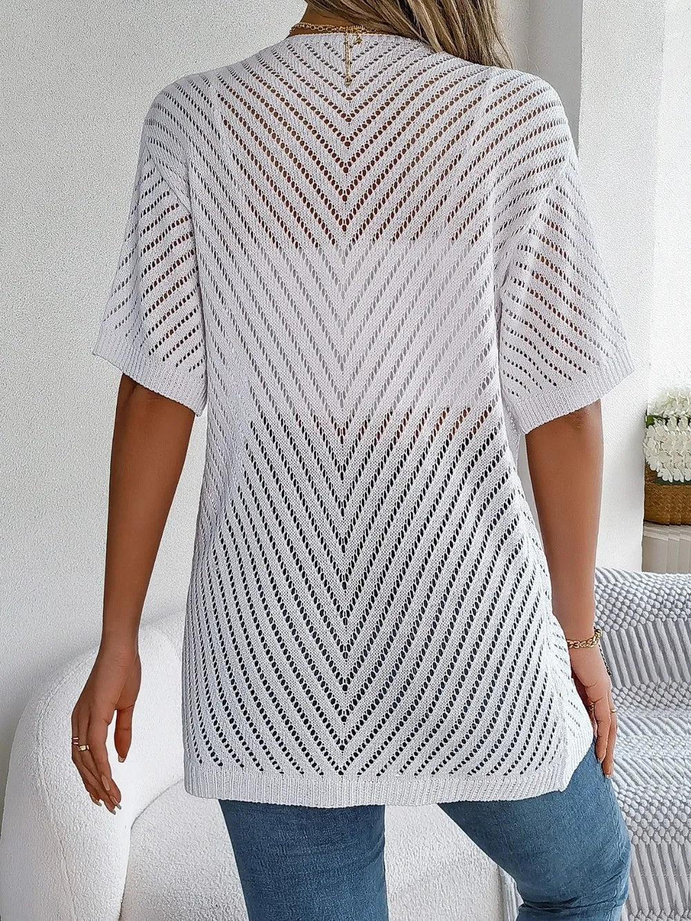 Openwork Open Front Half Sleeve Cardigan Easy Apparels