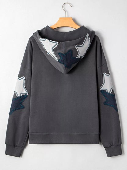 Trendsi Star Patchwork Contrast Stitching Mineral Wash Kangaroo Pocket Hoodie
