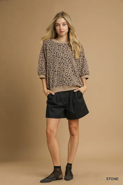 Trendsi Umgee Leopard Knit Jacquard Puff Sleeve Sweatshirt