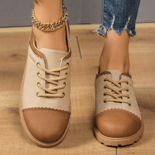 Color Block Lace Up Sneakers Khaki Color Easy Apparels