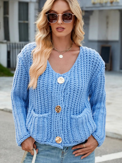 Round Neck Button Up Cardigan with Pockets Easy Apparels