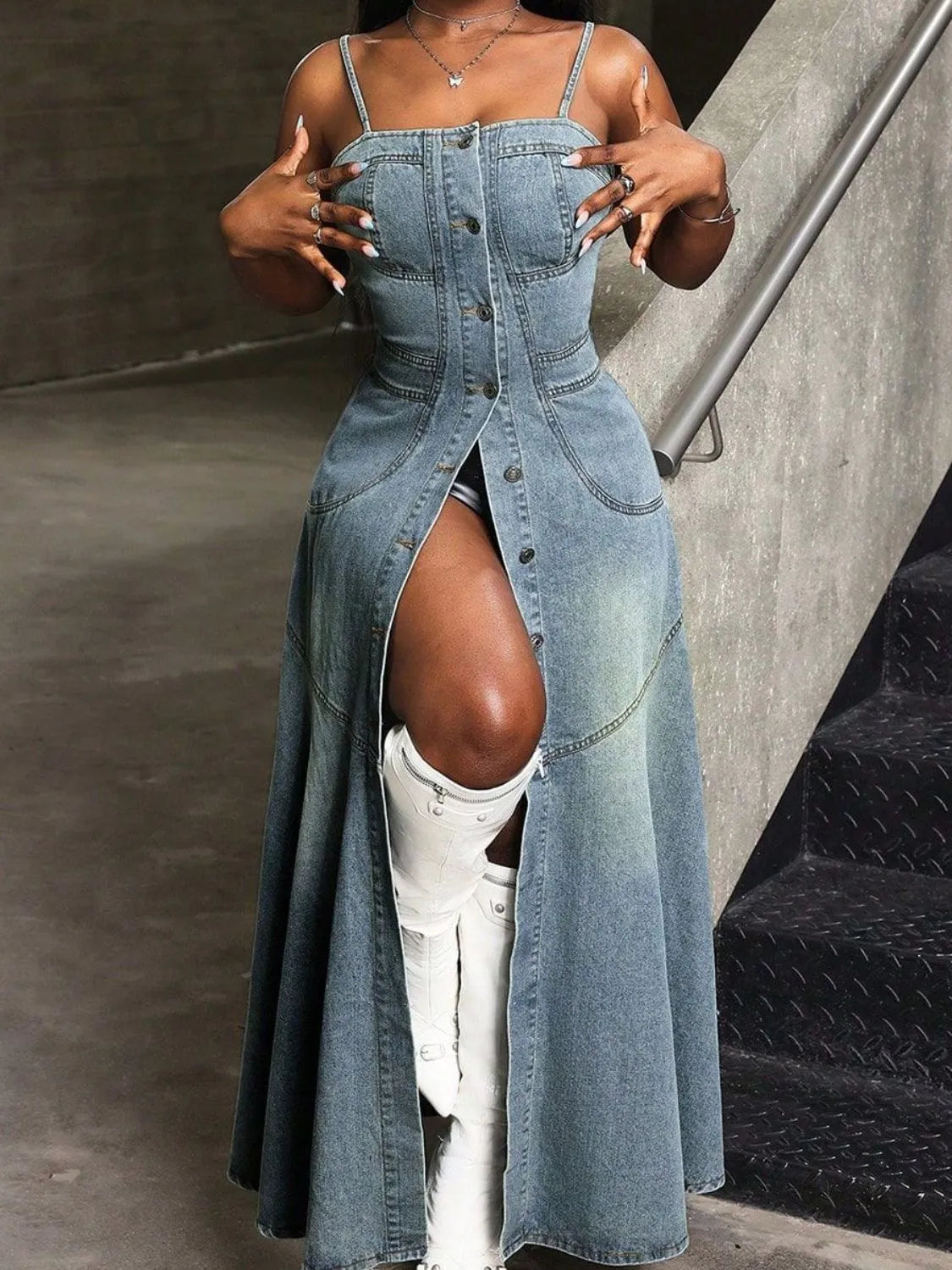 Smocked Button Front Denim Cami Dress Easy Apparels