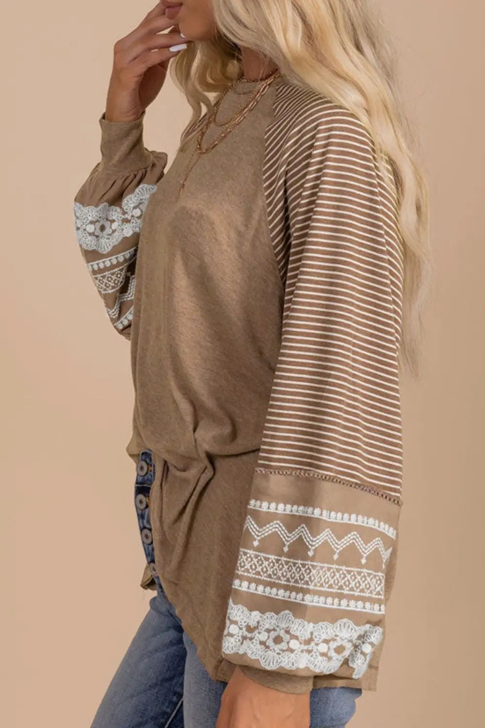 Trendsi Striped Round Neck Long Sleeve Blouse