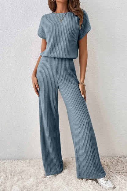 Ribbed Short Sleeve Wide Leg Jumpsuit Dark Gray Easy Apparels