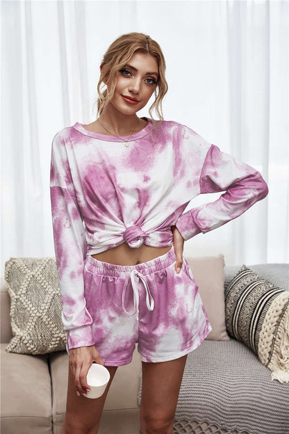 Tie-Dye Dropped Shoulder Top and Shorts Lounge Set Red-Violet Easy Apparels