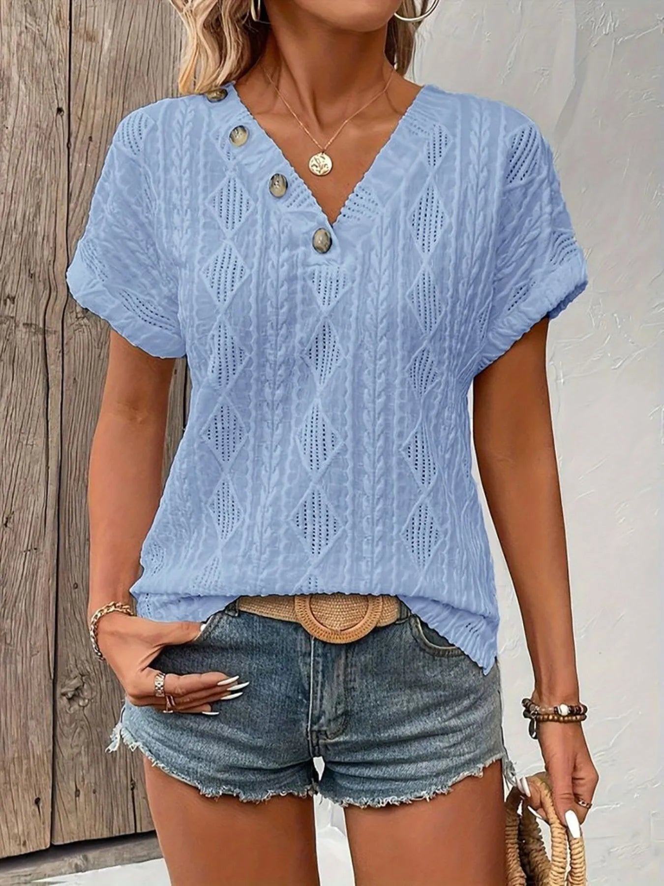Trendsi Textured V-Neck Short Sleeve Top