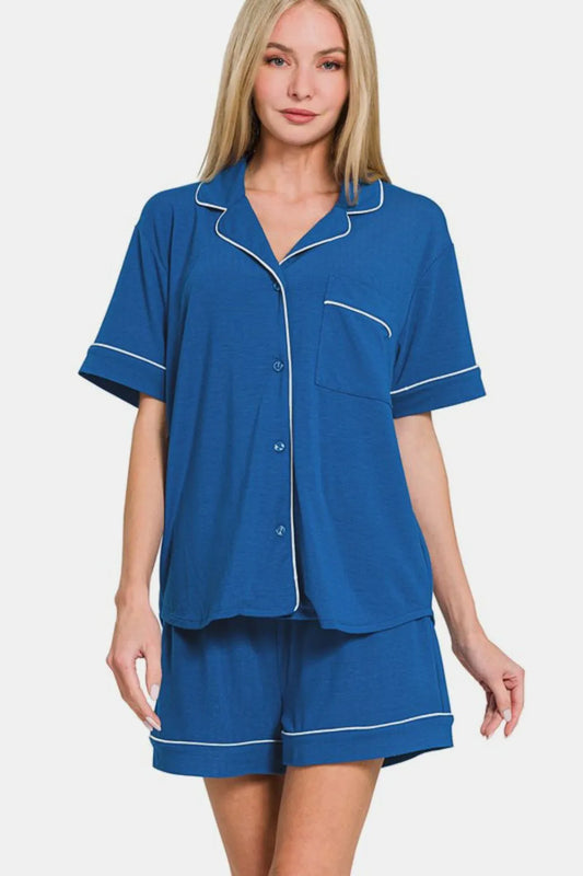 Zenana Button Down Short Sleeve Top and Shorts Lounge Set Classic Blue Easy Apparels