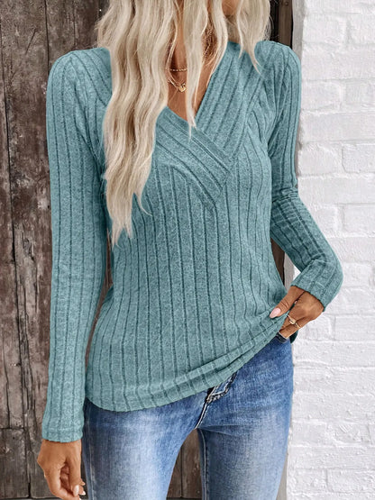 Trendsi Ribbed V-Neck Long Sleeve Knit T-Shirt