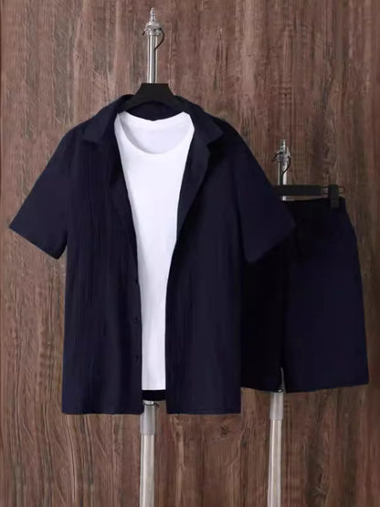 Men's Plus Size Button Up Short Sleeve Shirt and Shorts Set Navy Blue Easy Apparels