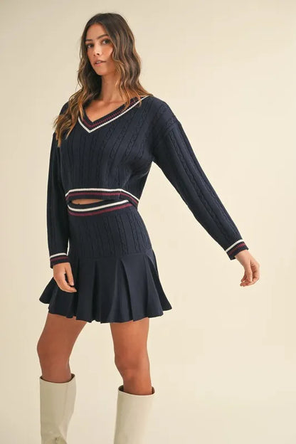 MABLE Cable-Knit Top and Pleated Skirt Sweater Set Easy Apparels