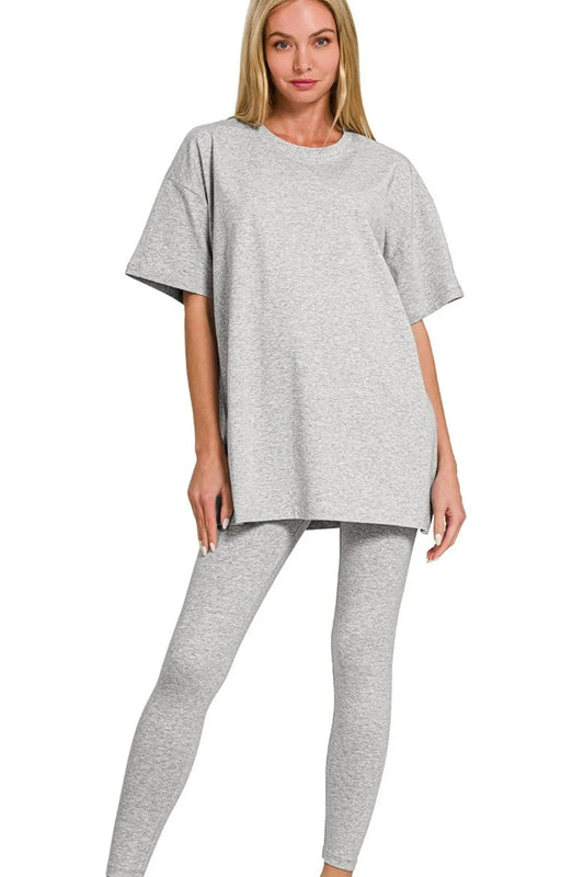 Zenana Cotton Round Neck Top & Legging Set H GREY Easy Apparels
