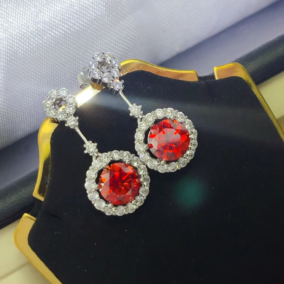 4 Carat Ruby Red Crystal Drop Earrings with Rhinestone Halo Easy Apparels