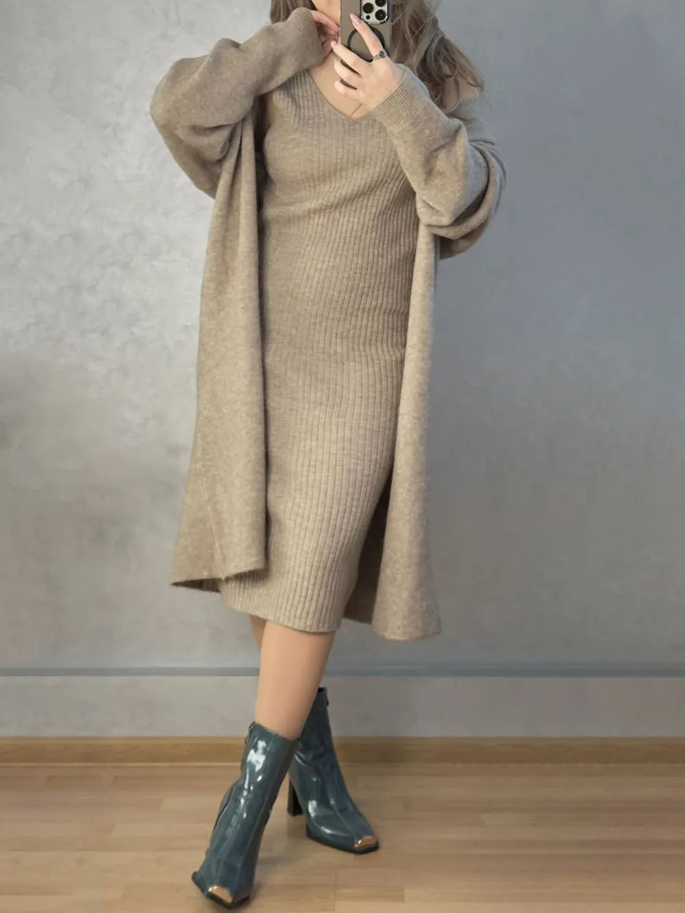 V-Neck Cami Dress and Open Front Cardigan Sweater Set Easy Apparels