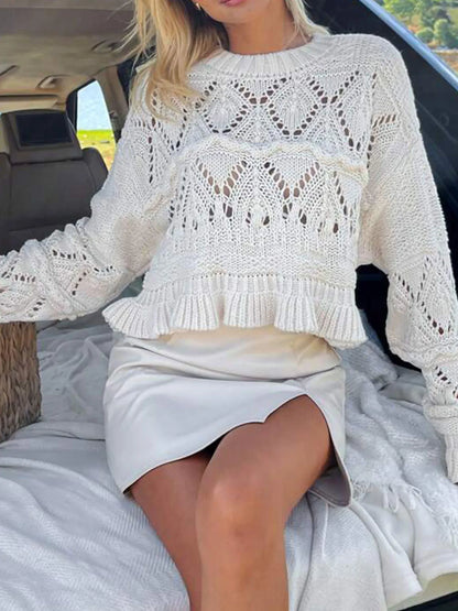 Trendsi Crochet Ruffled Hem Long Sleeve Sweater
