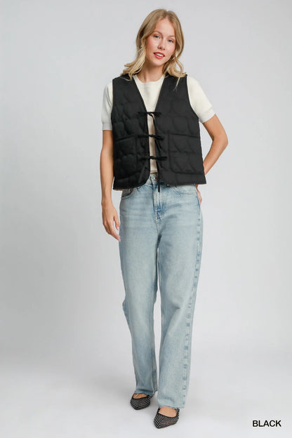 Umgee Heart Quilted Tie-Front Vest Easy Apparels