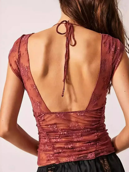 Trendsi Lace Cap Sleeve Ruched T-Shirt
