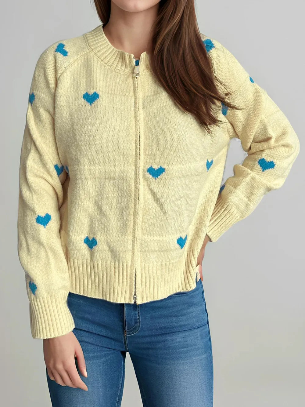 Heart Round Neck Zip Up Cardigan Easy Apparels