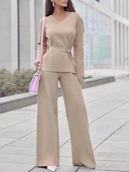 V-Neck Long Sleeve Top and Drawstring Pants Sweater Set Tan One Size Easy Apparels