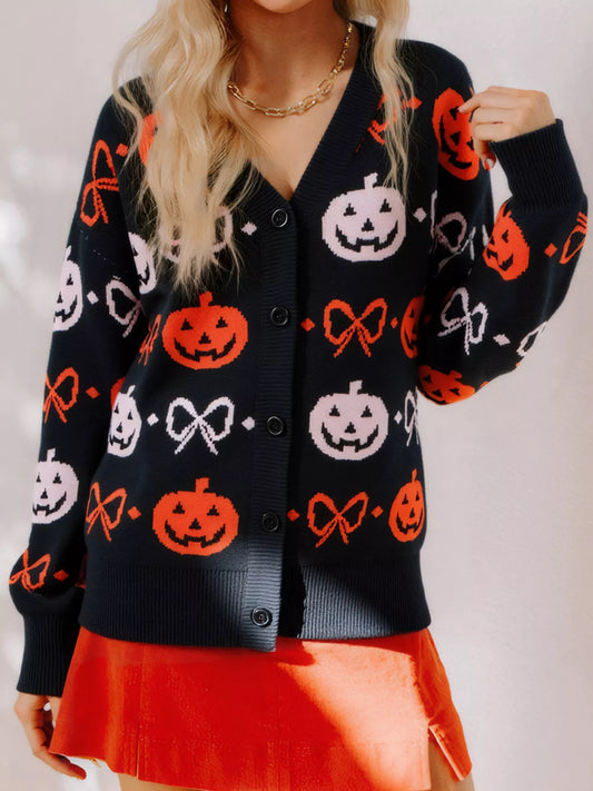 Halloween Pumpkin Pattern Button-Up Cardigan Black Easy Apparels