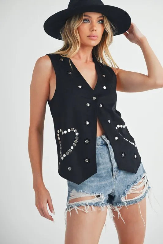 Aemi + Co Heart Rivet Detail Suede Vest Coat Black Easy Apparels