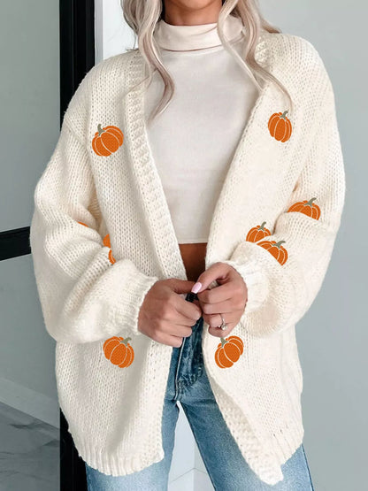 Halloween Pumpkin Embroidered Knit Cardigan Easy Apparels