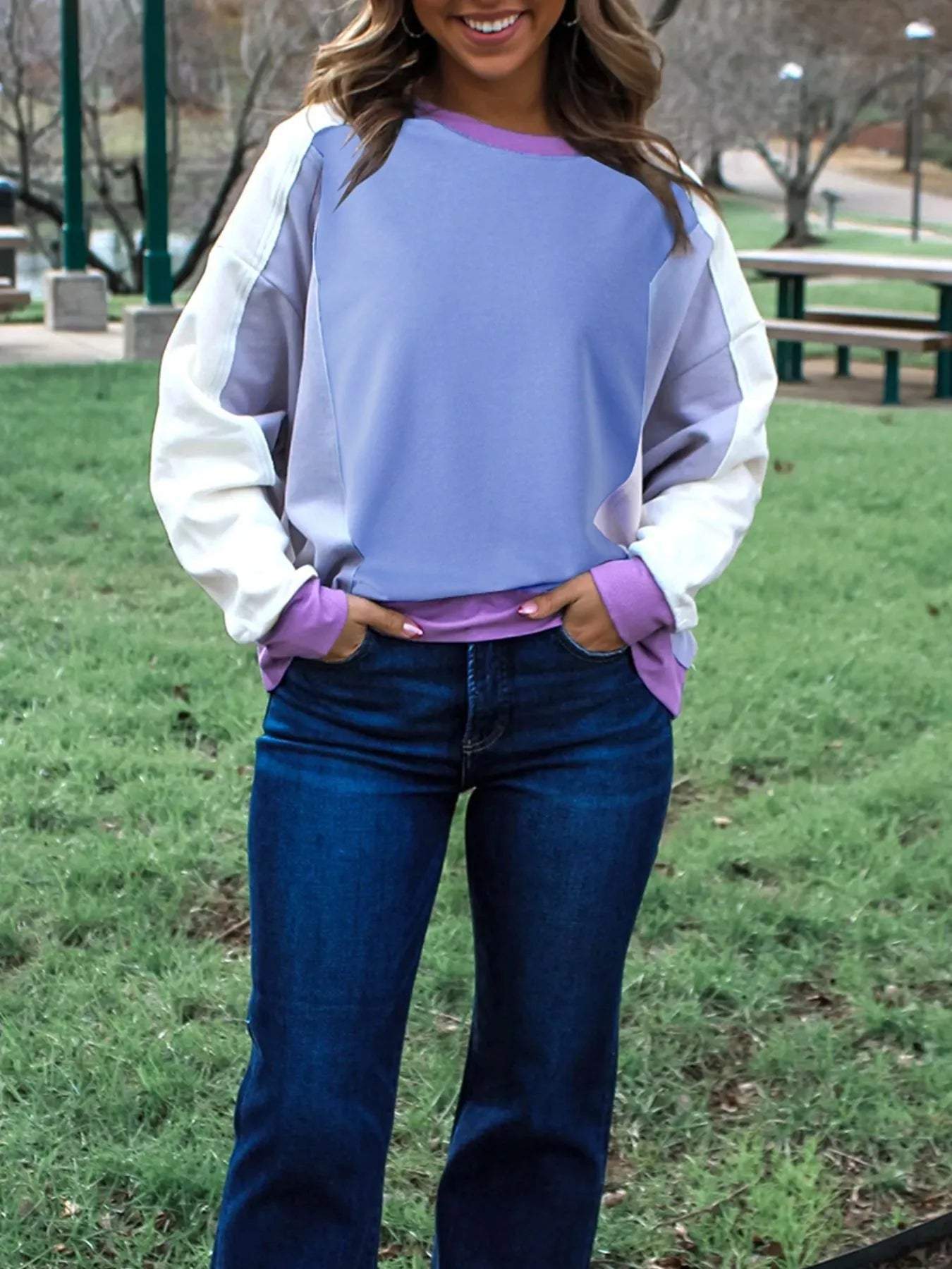 Trendsi Exposed Seam Colorblock Patchwork Ribbed Trim Sweatshirt