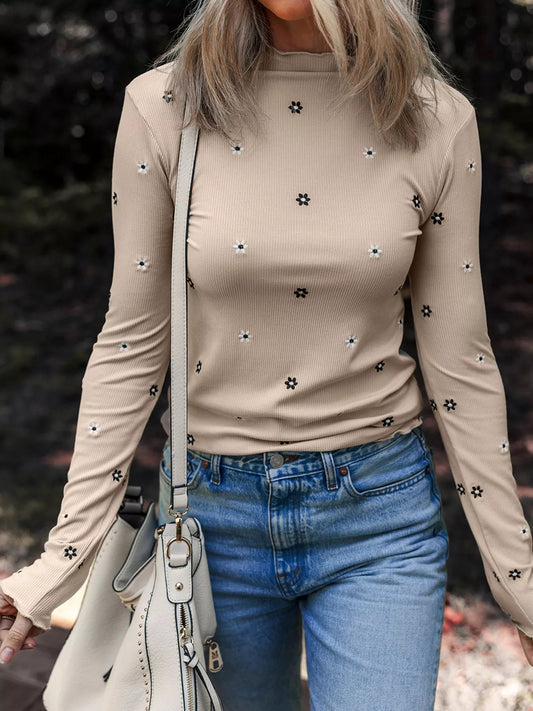 Floral Embroidered Detail Ribbed Long Sleeve Top Khaki Easy Apparels