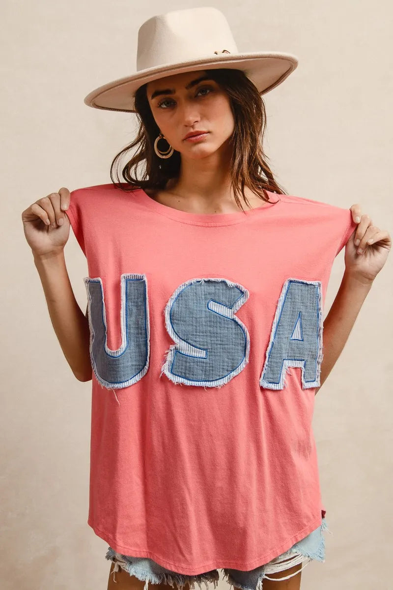 Trendsi BiBi Washed Jersey With Usa Patched Raw Cut Edge Detail
