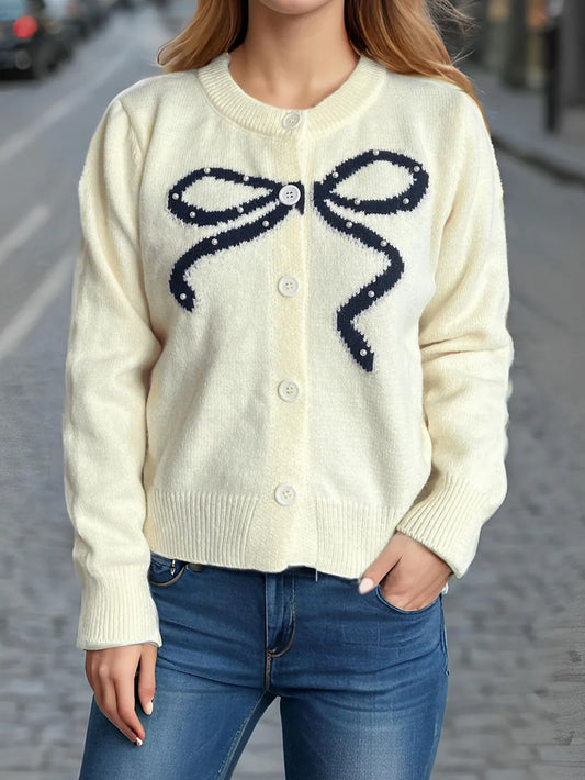 Bow Button Down Round Neck Cardigan Ivory One Size Easy Apparels