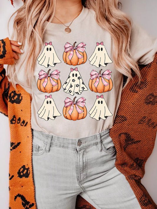 Halloween Bowknot Ghost Pumpkin Graphic T Shirt Tan Easy Apparels