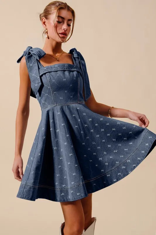SO ME A Line Fit and Flare Diamond Bow Ribbon Denim Dres Easy Apparels