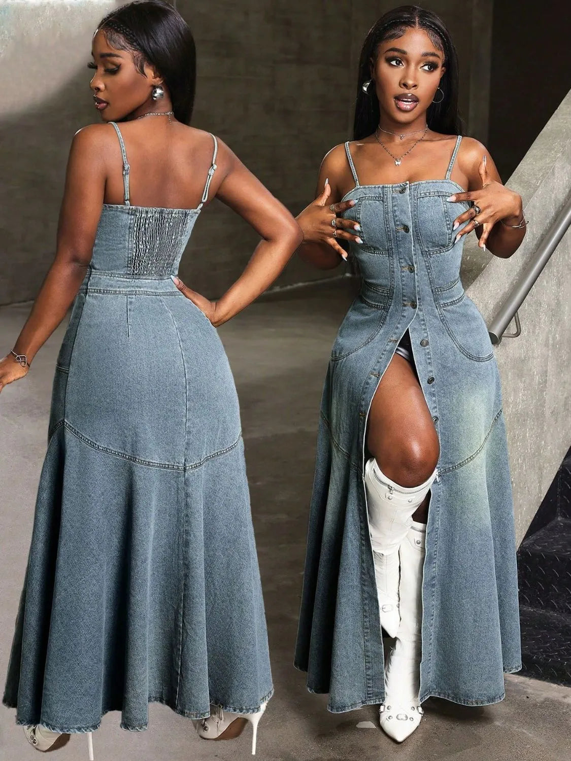 Smocked Button Front Denim Cami Dress Easy Apparels