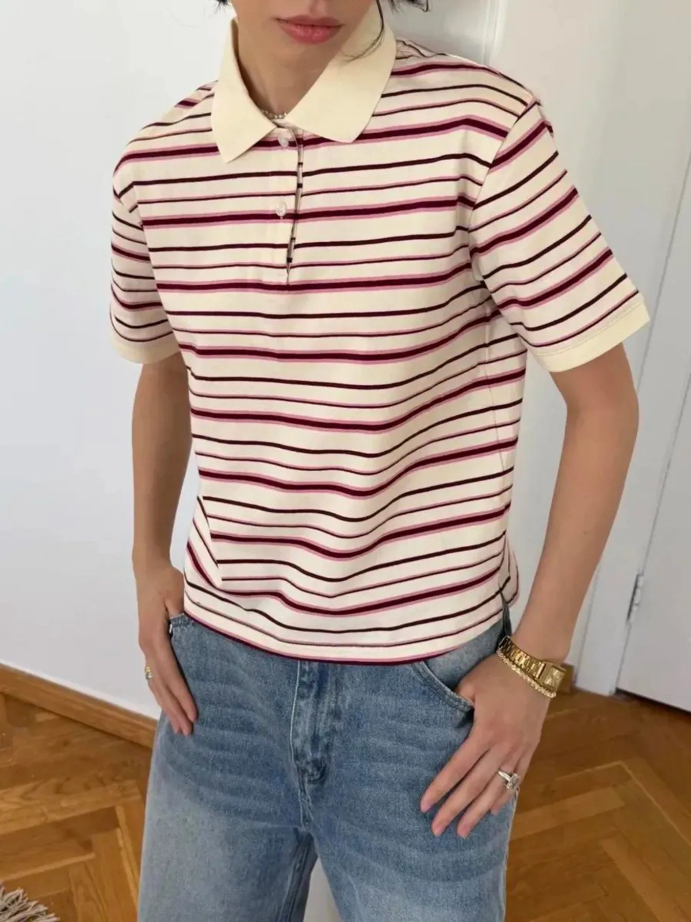 Trendsi Striped Polo T-Shirt with Contrast Collar Apricot