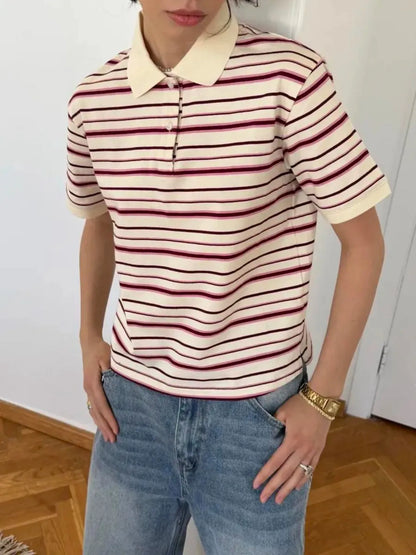 Trendsi Striped Polo T-Shirt with Contrast Collar Apricot